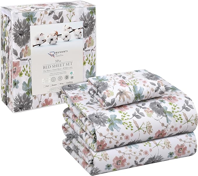 RUVANTI 100% Cotton Twin XL Sheet Sets, 3 Pieces, Soft & Breathable Percale Weave Bedding, Deep Pocket 16", Hotel Standard, Crisp Cool Feel, Durable, Perfect Size Floral Sheets, Dandelion Field