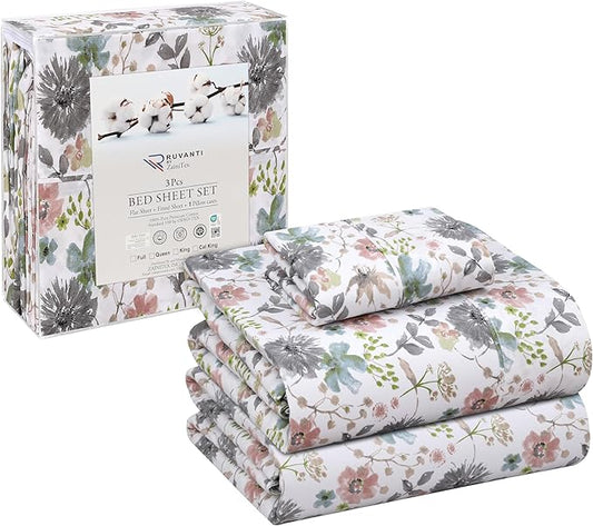 RUVANTI 100% Cotton Twin XL Sheet Sets, 3 Pieces, Soft & Breathable Percale Weave Bedding, Deep Pocket 16", Hotel Standard, Crisp Cool Feel, Durable, Perfect Size Floral Sheets, Dandelion Field