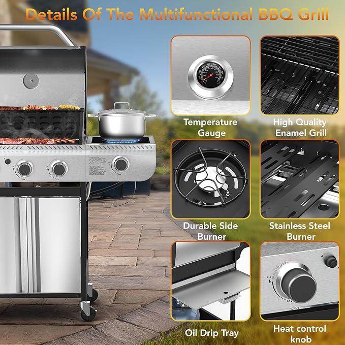 3-Burner Propane Gas Grill with Side Burner,Stainless Steel BBQ Grill with Porcelain-Enameled Cast Iron Grates,37000 BTU Barbecue Grill, Suitable for Patio,Camping,Outdoor Cooking