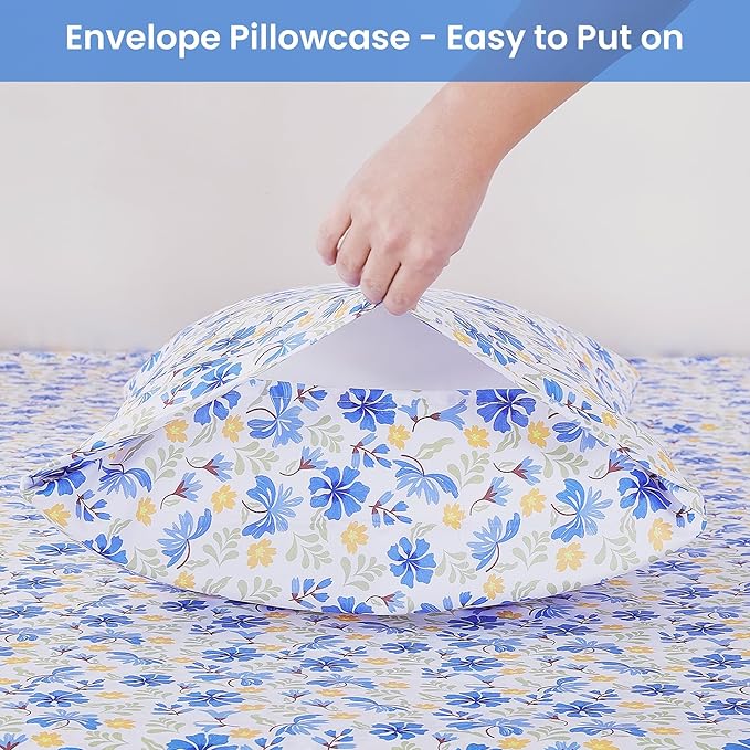 Softan Vintage Blue Floral Queen Bed Sheets, Cozy Microfiber Flower Printed Sheets with 15" Deep Pocket Fitted Sheet & Non-Slip Straps, Patterned Floral in Blue & Amber Sheets & Pillowcase Set