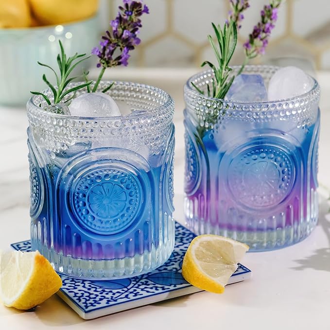 Ribbed Retro Arch Floral Clear Drinking Glasses Set of 6, (10 oz) Vintage Glassware Set by Kate Aspen| Cocktail Glass Set, Juice Glass, Water Cups | Great Hostess Gift & Gift for New Home Owners