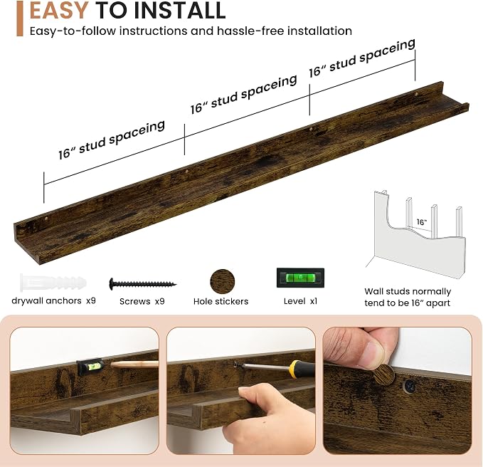 Dreamland Picture Ledge Shelf for Wall, Floating Shelves Set of 2,55 inch Long Floating Shelves with Lip for Living Room,Bedroom,Bathroom,Kitchen,Rustic Brown