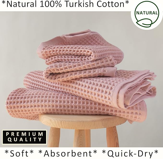 PÜSKÜL 4-Piece Natural 100% Turkish Cotton Luxury Waffle Towels for Bathroom | Premium Quality Honeycomb Weave 2 Hand Towel & 2 Bath Towel Set | Soft Absorbent Quick-Dry Lightweight Towels (Pink)