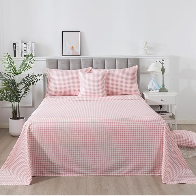 FADFAY Pink Plaid Twin Size Sheets 100% Cotton Geometric Checker Bedding Teens Grid White Gingham Pattern College Bedding Deep Pocket Sheets with 2 Pillowcases Ultra Soft 4pcs, Twin Size
