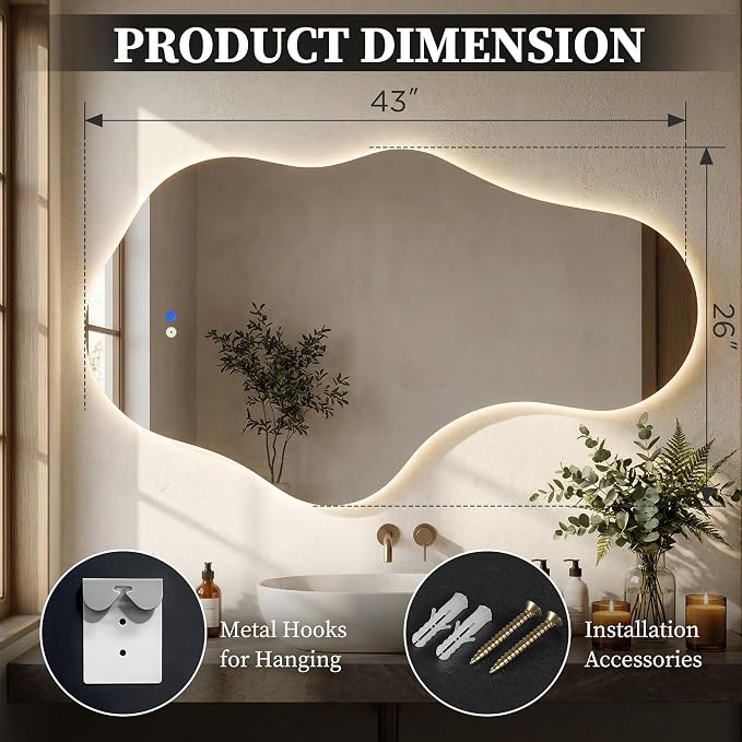 Irregular LED Bathroom Mirror with Lights, Backlit Vanity Mirror for Wall, Asymmetrical Wall Mirror, 3 Color Dimmable Anti-Fog Smart, Decorative Mirror for Bathroom, Entryway(26″ x 43″, 2 Pack)