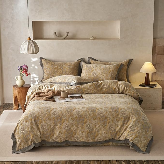 EAVD Vintage Style Yellow Floral Duvet Cover King Soft 100% Muslin Cotton Yarn-Dyed Jacquard Textured Bedding Set with 2 Pillowcases Linen Like Gauze Botanical Duvet Cover with Zipper Closure
