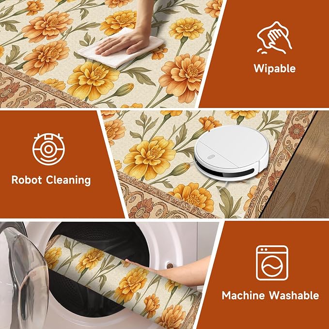 Marigold Floral Area Rug Vintage Boho Rug Bordered Non-Slip Washable Floor Mat for Bedroom Living Room Nursery Kitchen Playroom Home Decor,4'x6'