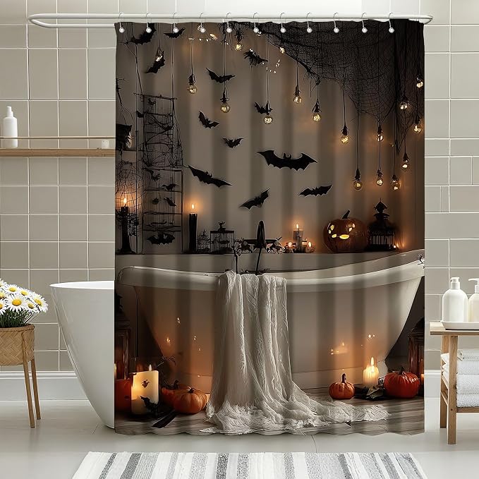 Horror Halloween Shower Curtain Bats Spooky Shower Curtains for Bathroom Waterproof Fabric Bath Curtain Decor with Hooks