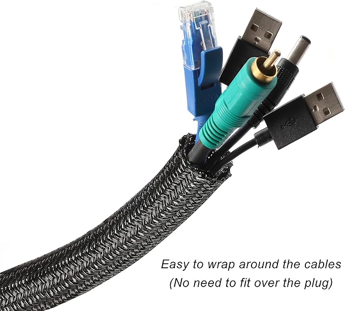 CrocSee 25ft - 3/8 inch Braided Cable Management Sleeve Cord Protector - Self-Wrapping Split Wire Loom for TV/Computer/Home Theater/Engine Bay - Black