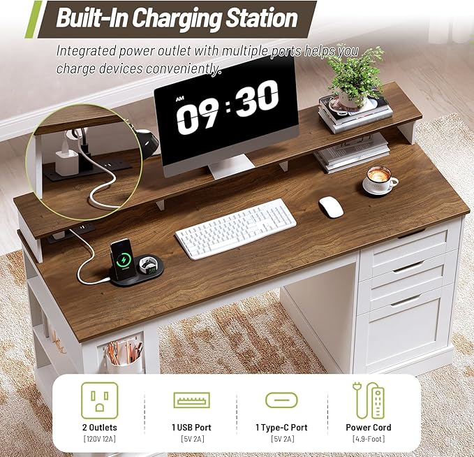 55inch Farmhouse Executive Desk with 2 Drawers and File Cabinet, Computer Desk with 3-Tier Storage Shelves, Home Office Desk with Charging Station, Pegboard and Monitor Shelf, White and Walnut