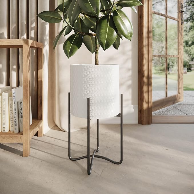 EverNest Claire Mid-Century Modern White Plant Pot with Ambrose Stand, SelectBase, Indoor Plant Pot, Bohemian Style, Minimalist Plant Home Décor (Large, Black)