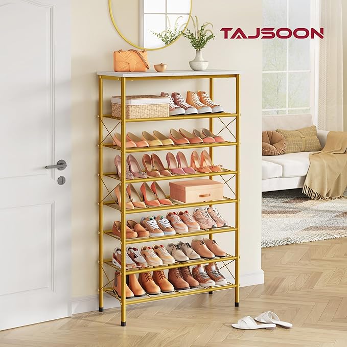 Tajsoon 8 Tier Shoe Rack Organizer for 28-32 Pairs of Shoes, Metal Mesh Shoe Shelf for Closet, Industrial Shoe Rack for Entryway Shoe Storage with X Shape Fixed Frame, White & Gold