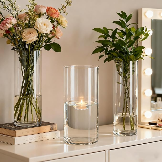 3 Pack Acrylic Cylinder Vases, Non-breakable Vase for Centerpieces, 10 inch Tall Clear Flower Vase Bulk Floating Candle Holder for Wedding Table Home Decor and Party