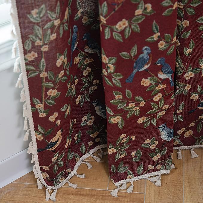 ENJOYBRIDAL Floral 84 Inch Curtains for Living Room Maroon Drapes Bird Pattern Jacquard Rod Pocket Window Curtain Panels Bedroom Farmhouse Decor Boho Tassel Semi Blackout 2 Panels Window Treatments