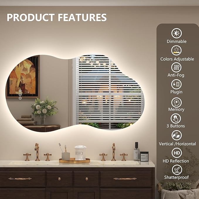 60x32 Inch Irregular Cloud LED Bathroom Mirror with Lights, Asymmetrical Backlit Vanity Mirror for Wall, Anti-Fog, Dimmable, Memory, 3 Colors, Shatterproof (Horizontal/Vertical)