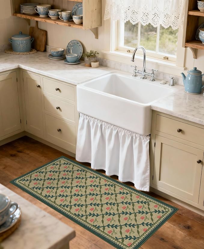 Front Door Mat Indoor Entrance - 2x4.3 Ft Washable Layered Doormat Outdoor Entrance Porch Rug Non-Slip Jute-Look Khaki Farmhouse Trellis Runner Rug for Kitchen Bedroom Laundry Room Porch Decor
