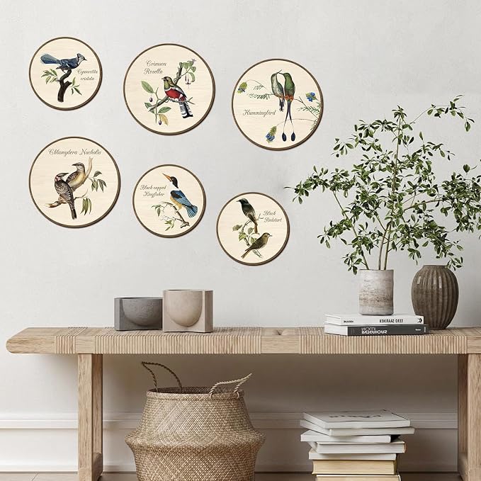 TOARTi 6pcs Vintage Bird Wall Art Set(9.9”x3/7.9”x3) Round Bird Botanical Wooden Plaques Rustic Bird Plant Round Wall Hanging Farmhouse Birds Wall Decor for Home Bedroom Living Room Bird Lover Gift