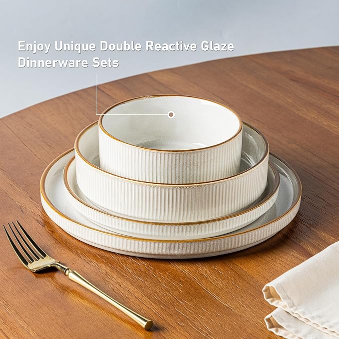 GBHOME 24-Piece Stoneware Dinnerware Set for 8 – Ribbed Ceramic Plates and Bowls, Scratch-Resistant, Microwave & Dishwasher Safe, Reactive Glaze, White with Honey-Brown Edge