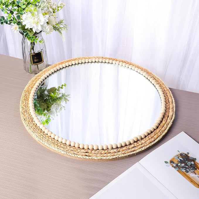 21 Inch Boho Round Hanging Wall Mirror Decorative Rattan Circle Wall Mounted Mirror for Farmhouse, Living Room, Bedroom, Bathroom
