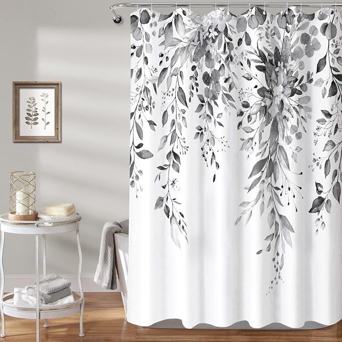 Gray and White Eucalyptus Shower Curtain Watercolor Grey Floral Plant Leaf Shower Curtains for Bathroom Botanical Flower Waterproof Fabric Bath Curtain Decor with Hooks (Black, 72'' x 72'')