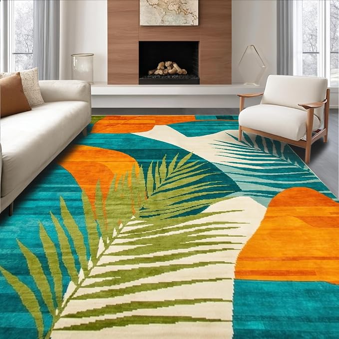 Flatwoven High Traffic Area Rug 5x7, Colorful Abstract Tropical Rug, Non Slip, Stain Resistant, Washable Area Rugs for Living Room, Bedroom (Turquoise, 5x7)