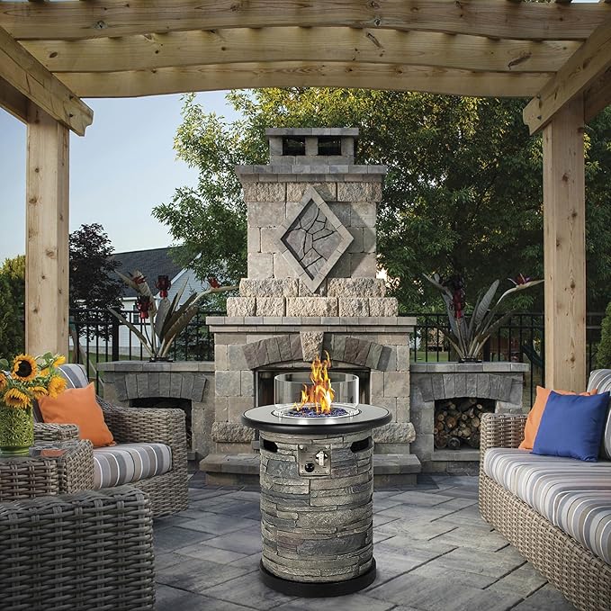 BAIDE HOME Outdoor Propane Fire Pit Table, Round Porcelain Tile Top 22" Fire Bowl Column W/ 40,000 BTU Firepit Table Auto-Ignition 400D Cover Glass Rocks for Outside Patio