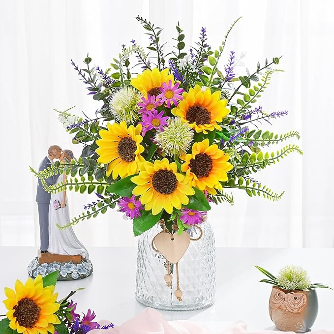 MARTINE MALL Fake Flowers in Vase, Sunflowers Artificial Flowers, Faux Flowers in Vase Centerpiece Table Decorations Silk Sunflower Bouquet Table Centerpieces for Dining Room Coffee Table Decor