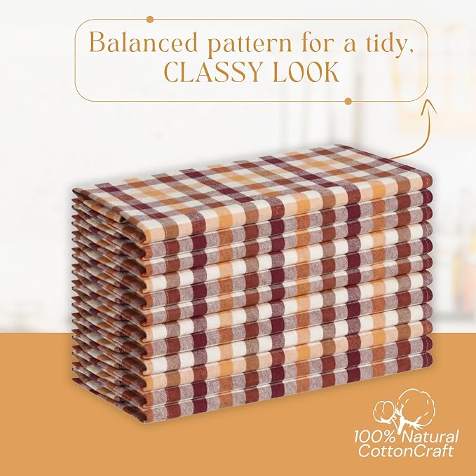 Multicolor Check Kitchen Towels 4 Pack, 100% Cotton Tea Towels, 18"x26" Quick Dry Dish Cloths for Drying Dishes, Reusable, Absorbent - Burgundy Wine, Brown, Mustard Yellow, Natural