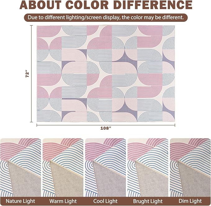 Living Room Rugs 6x9, Soft Modern Geometric Pink Rug for Bedroom, Washable Non-Slip Indoor Floor Boho Abstract Carpet for Dining Room Nursery Home, Pink/Purple