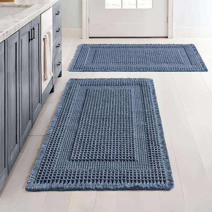 MIULEE Set of 2 Waffle Bathroom Rugs, Boho Bath Rugs Non Slip Washable, Super Absorbent, Ultra Soft Rubber Backed Shower Bath Mats for Floor, Tub, Shower, Looped Design, Blue, 18x30 Inch