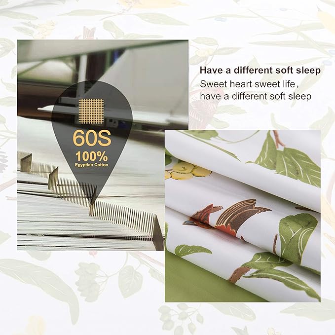 Brandream Duvet Cover King Size 3 Piece Farmhouse Floral Bedding Set Pastoral Style Classy Elegant 100% Egyptian Cotton 1 Duvet Cover with Button Closure and 2 Pillow Shams, Green