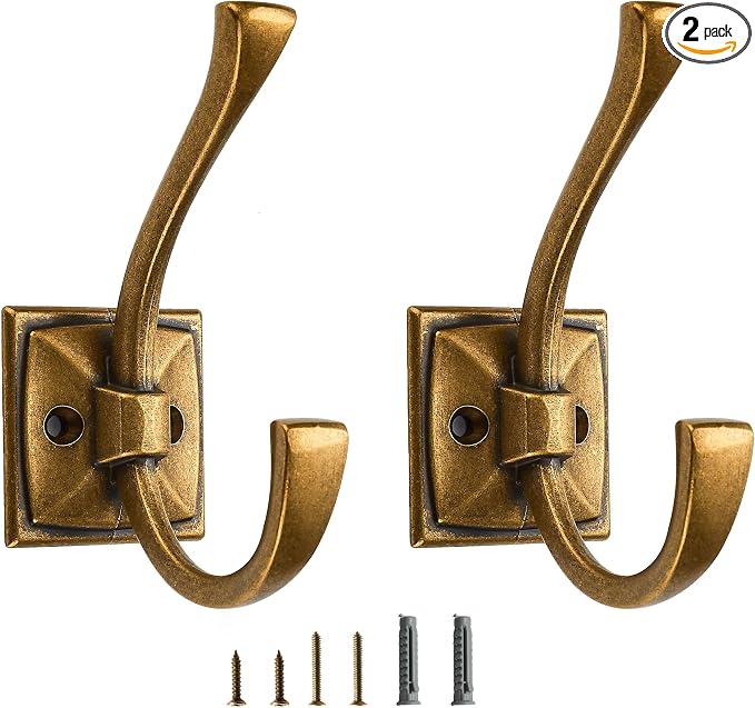 2 Pack Decorative Heavy Duty Towel Hooks for Hanging Robe Double Vintage Antique Brass Coat Hooks Wall Mounted with Screws for Key, Towel, Bags, Cup, Hat
