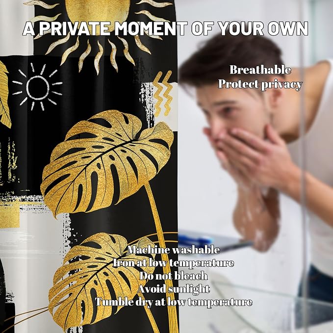 Black and Gold Mid Century Modern Shower Curtain Bohemian Abstract Dark Mens Shower Curtains for Bathroom Decor Sets, Waterproof Cloth Fabric with Hooks, 70x72 Inch