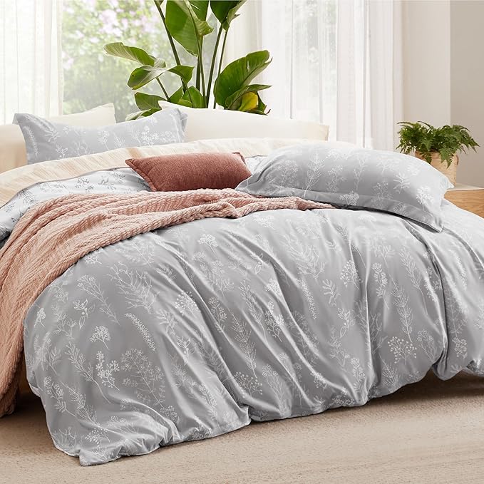 Bedsure Duvet Cover Queen Size - Reversible Grey Queen Duvet Cover Set with Zipper Closure, 3 Pieces Botanical Floral Patterned Bedding Set with 8 Corner Ties and 2 Pillow Shams