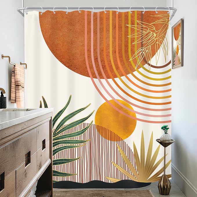 KOMLLEX Mid Century Orange Boho Shower Curtain 60Wx72L Inches Abstract Modern Shower Curtains for Bathroom Decor Plant Botanical Minimalist Arch Sun Fabric Liner Waterproof Polyester 12 Pack Hooks