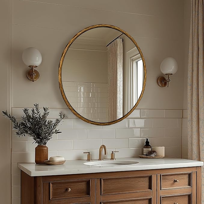ANDY STAR 24 Inch Hand-Forged Round Gold Mirrors, Solid Steel Frame Antique Brass Bathroom Round Wall Mirror for Over Sink, Vanity Hammered Circle Mirror for Vintage, Farmhouse, Rustic