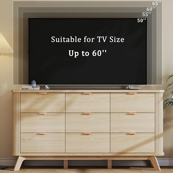 Fluted 9 Drawers Dresser for Bedroom, 60" Mid Century Modern & Chests of Drawers, Curved Profile Design, Dresser TV Stand, for Living Room, Entryway, Hallway, Oak