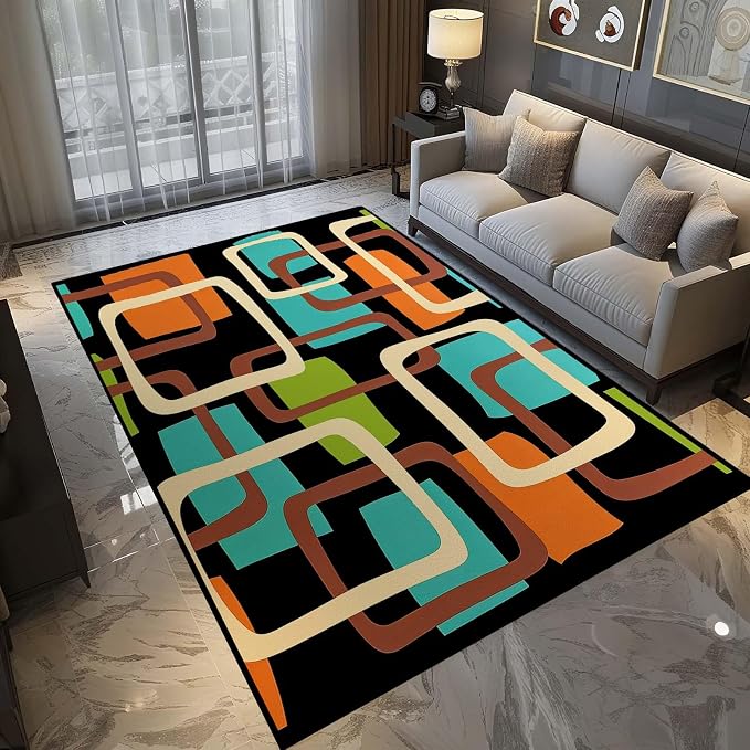 Mid Century Modern Rug, Colorful Abstract Geometric Area Rug, Retro Atomic Starburst Rugs, Washable Non-Slip Soft Low Pile 1950s Carpet for Living Room, Bedroom (9' x 12'(Rectangular))