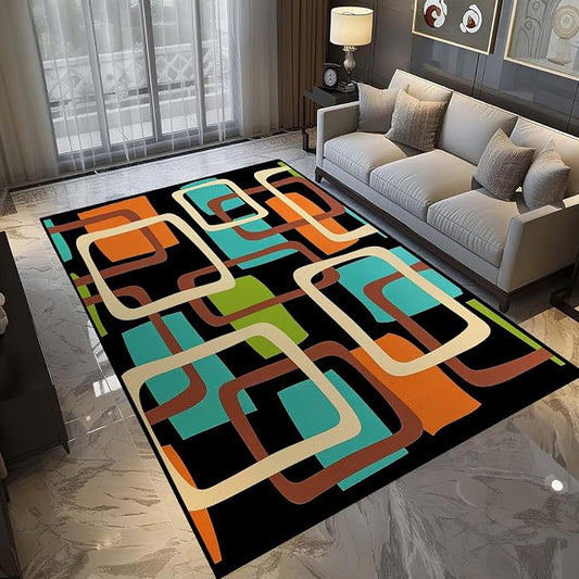 Mid Century Modern Rug, Colorful Abstract Geometric Area Rug, Retro Atomic Starburst Rugs, Washable Non-Slip Soft Low Pile 1950s Carpet for Living Room, Bedroom (9' x 12'(Rectangular))