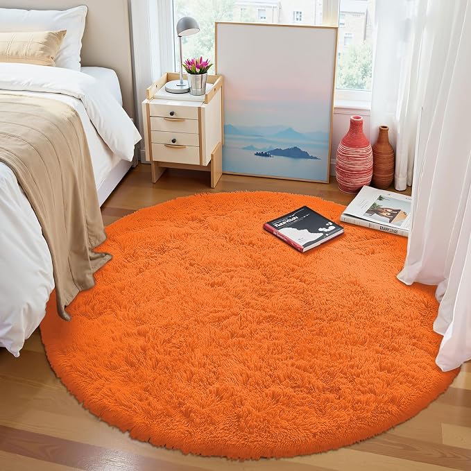 OLANLY Orange Round Rugs for Bedroom - Machine Washable, 4 ft Circle Area Rugs for Living Room, Soft and Fluffy Shaggy Carpet for Teen Girl and Boys, Nursery Rooms, Dorms, Home Decor Aesthetic