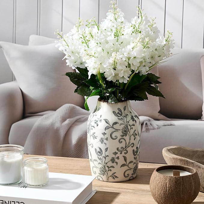 SIDUCAL Ceramic Vintage Vase, 7 Inch Retro Ice Cracked Chinoiserie Floral Vase, Rustic Farmhouse Vases for Home Decor, Bookshelf, Office, Garden, Chinoiserie Decor, Tuscan Decor, Gray Floral Pattern