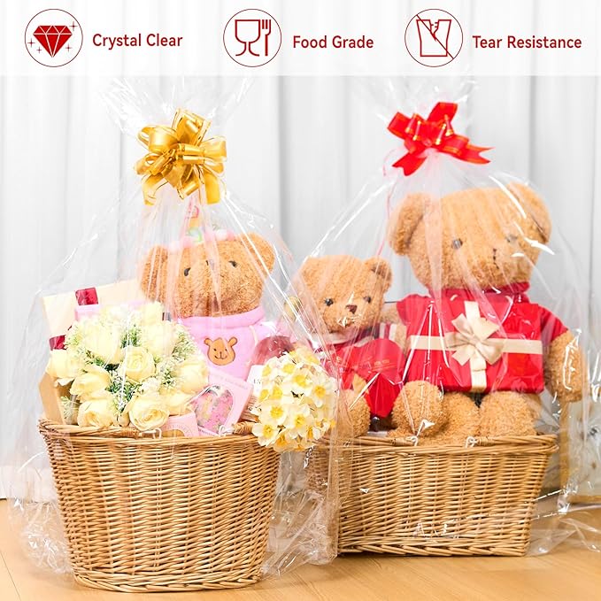 Ohuimrt 40 x 50 Inch Extra Large Cellophane Gift Bags, 6 PCS Jumbo Clear Plastic Cellophane Wrap for Gift Baskets Baby Shower Birthday Wedding Party favor