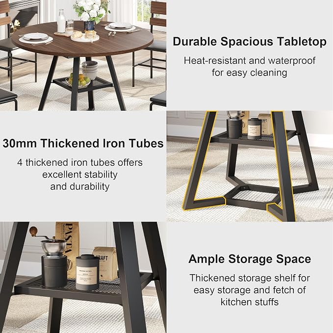 knoworld 47" Round Dining Table for 4, Kitchen Tables Dining Room Circle Dinner Table with Pedestal Metal Frame, Space Saving Wood Industrial Kitchen & Dining Room Tables, Walnut 47In