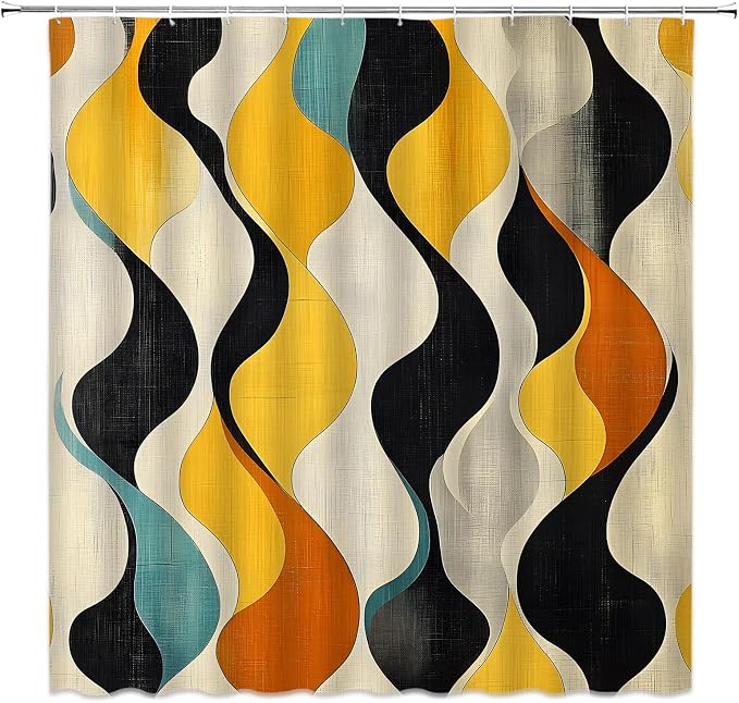 Mid Century Shower Curtain Boho Minimalist Modern Abstract Aesthetic Geometric Striped Atomic Retro Earthy Fabric Bathroom Decor Set with Hooks(59" Wx70 H)