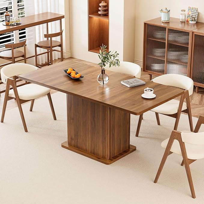 Extendable Kitchen Dining Table for 4-6, 47-65 Inch Rectangle Dining Room Table with 2 Doors, Large Storage, Mid Century Modern Dinner Furniture, Living Room, Space Saving, Square, Fluted, Walnut