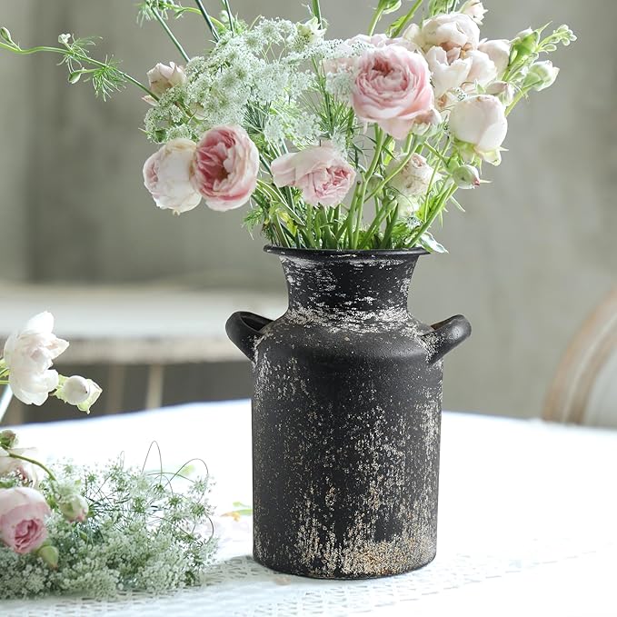 Rustic Vintage Metal Flower Vase for Decor Milk Jug Small Vases for Flowers Kitchen Decorations, Cylindrical,Perfect for Kitchen, Dining Room, Living Room,Housewarming Gift (Black)