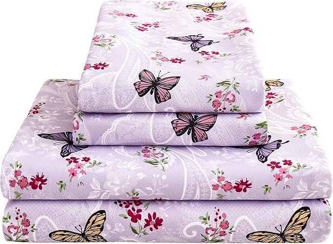 Softan Purple Floral Bed Sheets Full, Paisley Flower Printed Sheet Set, Cozy Microfiber Fitted Sheet with 15" Deep Pocket & Non-Slip Straps, Butterfly Patterned Sheets & Pillowcase Set