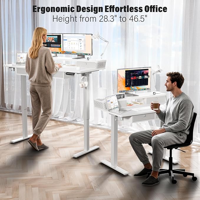 Electric Standing Desk with 4 Drawers 55''x 24'' Adjustable Height Sit to Stand Up Desk with Storage Shelf, C-Clamp Mount Compatible Black Home Office Desks Computer Gaming Table Ergonomic Workstation