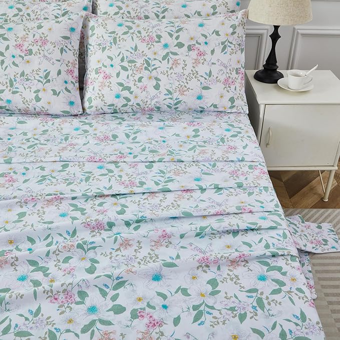 FADFAY King Size Sheets Set 100% Cotton Vintage Floral Shabby Flowers & Leaves Pattern Farmhouse Bedding Set Deep Pocket Sheets with 2 Pillowcases Breathable Soft 4Pcs, King