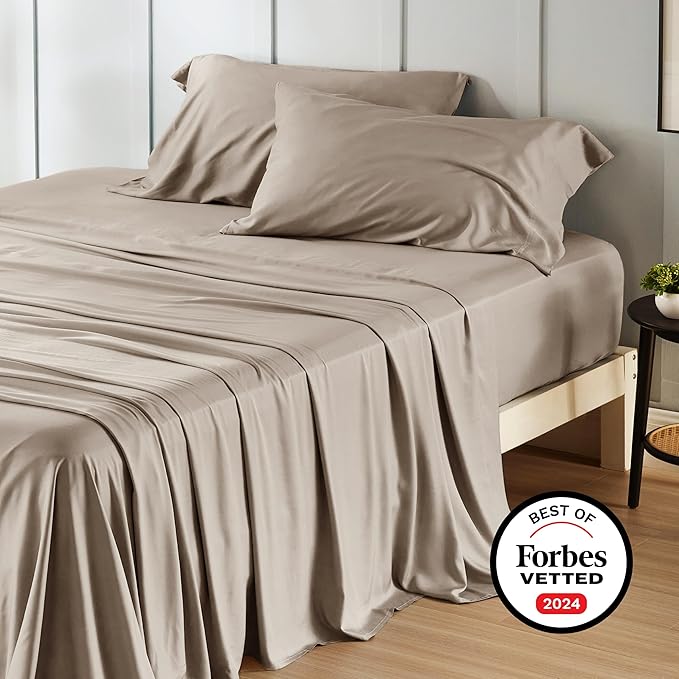 Bedsure Full Size Bed Sheets, Cooling Sheets, Rayon Derived from Bamboo, Breathable & Soft, Deep Pocket Up to 16 Inches, Hotel Luxury Silky Bedding for Hot Sleepers, Simply Taupe